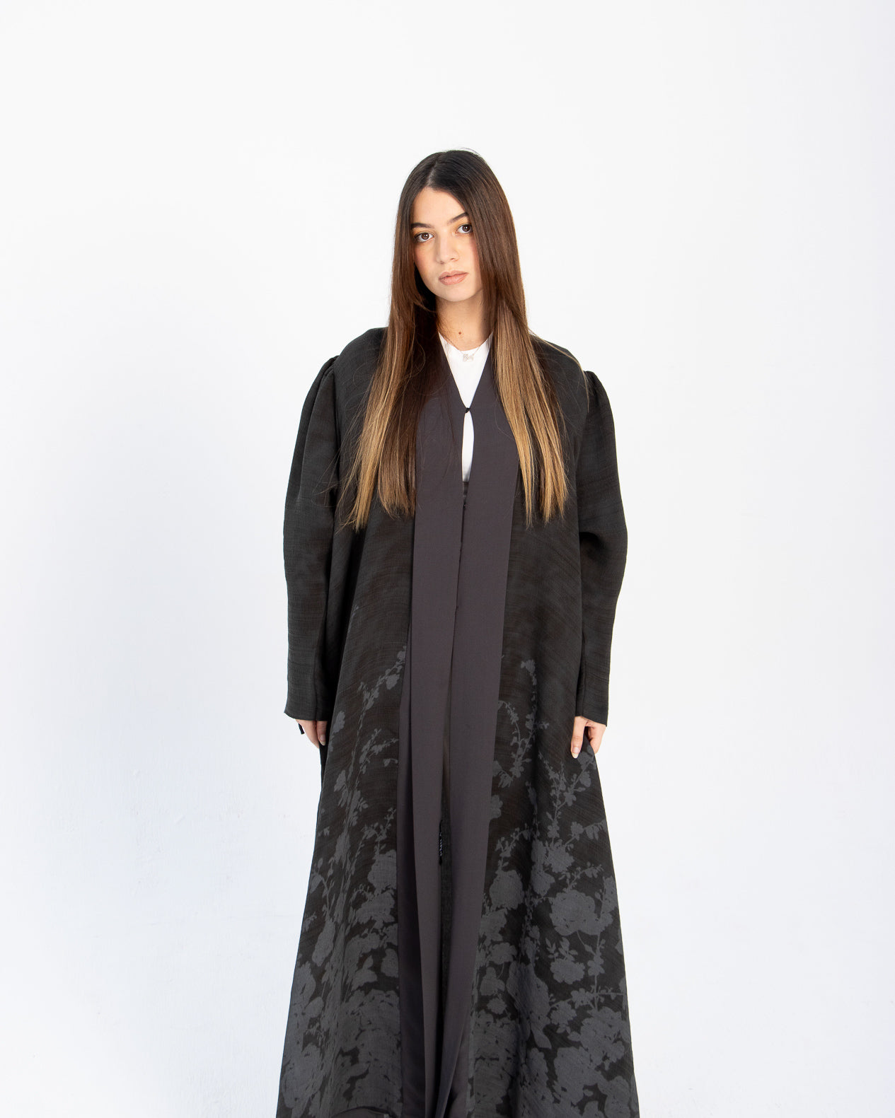 Noir Bloom Abaya - Floral Gray
